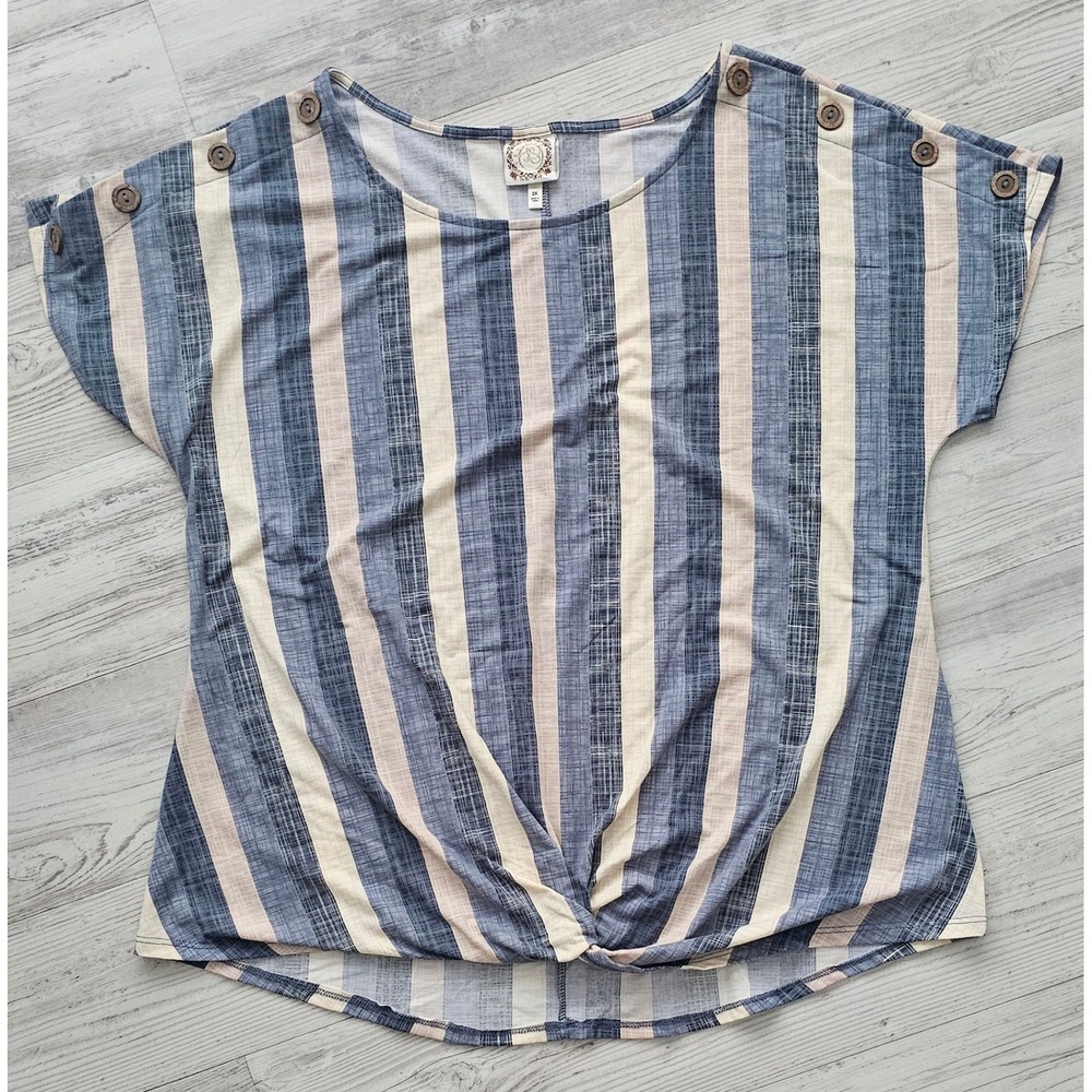 Tru Self Blue Tan White‎ Striped Twist Front Button Shoulders Top 2X 18KX-EXHY